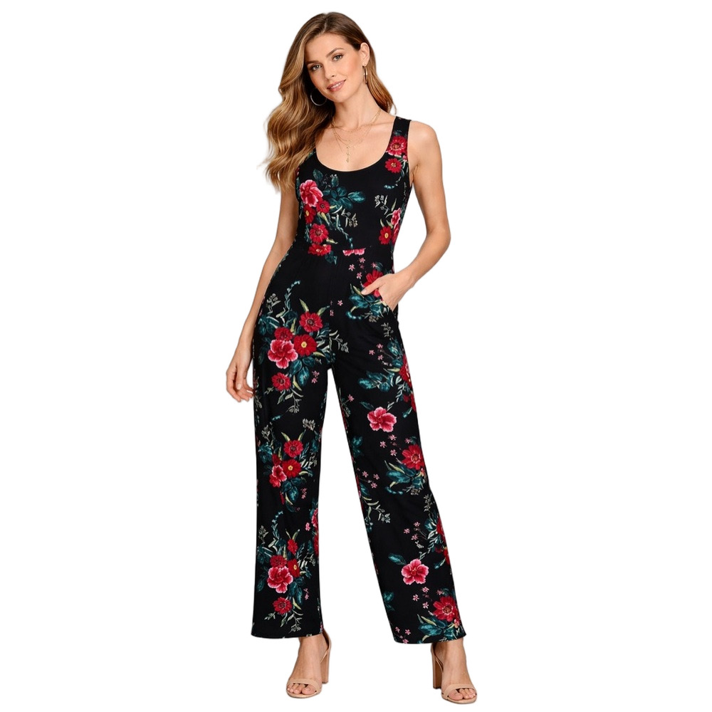 derek heart black and red tropical Floral Black sleeveless Jumpsuit romper